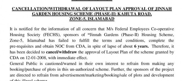 Jinnah Gardens Phase 2 Islamabad NOC Cancelled