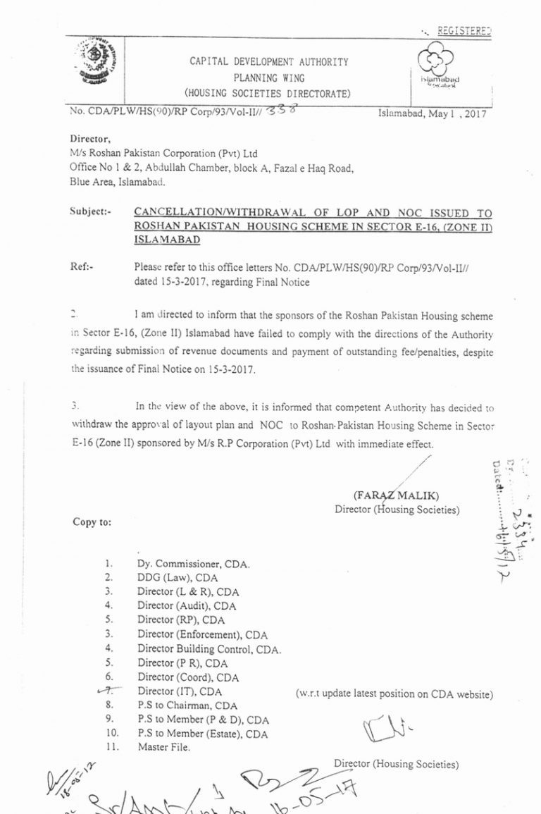 CDA Cancels NOC and LOP of Roshan Pakistan Housing Scheme E-16 Islamabad