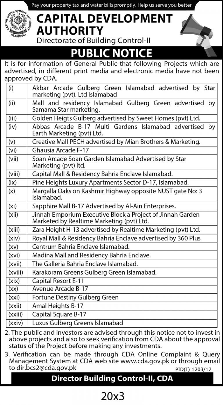 List of Illegal Commercial Projects in Islamabad Published by CDA