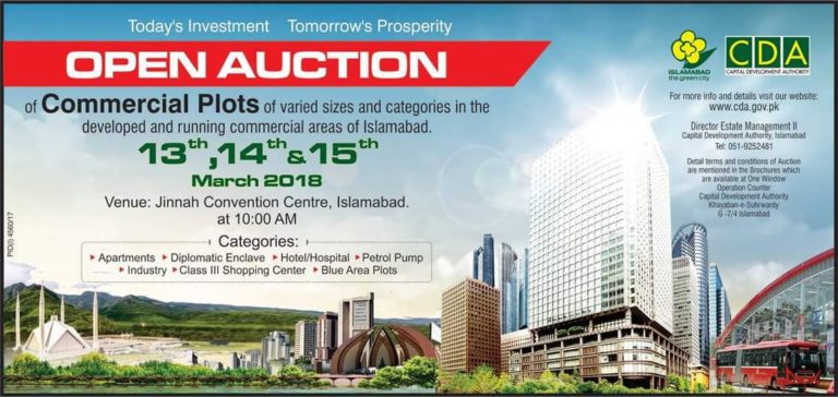 CDA to Auction High Value Commercial Plots in Islamabad in March 2018