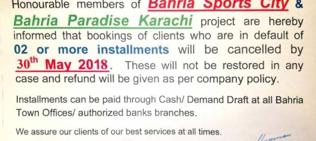 Bahria Town Karachi Notice