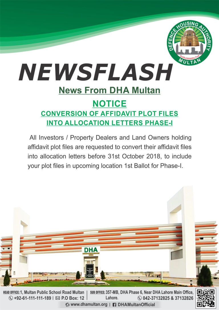 DHA Multan Notice Regarding Affidavit Files and Upcoming Balloting