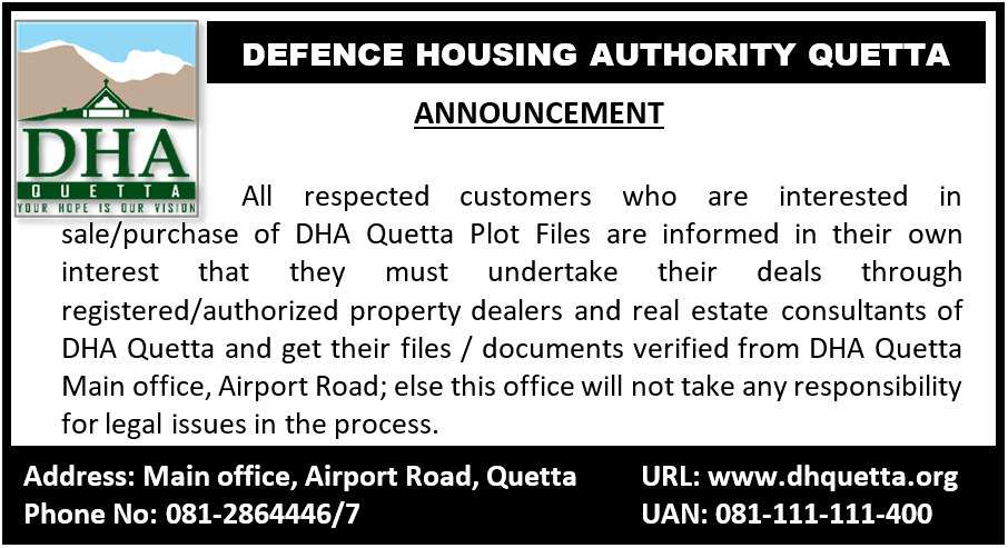 DHA Quetta Important Notice Regarding Sale Purchase of Plot Files