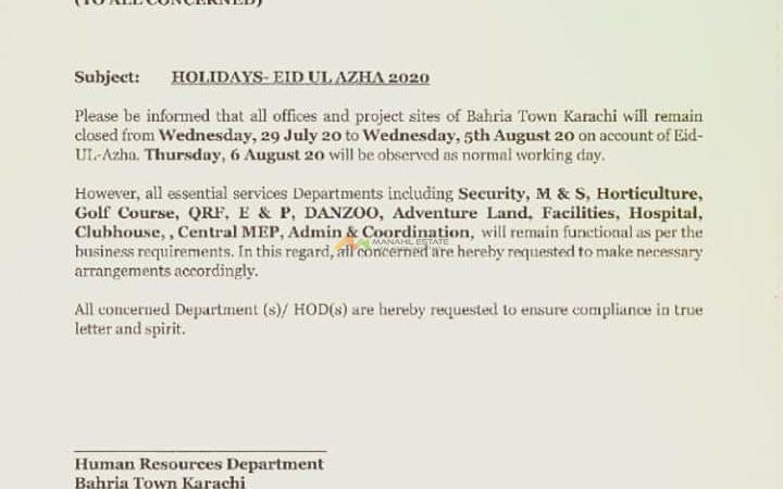 Bahria Town Eid Holidays Announcment Letter