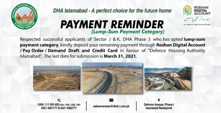 DHA Phase 5 Payment Reminder Notice for Sector J & K Successful Applicants