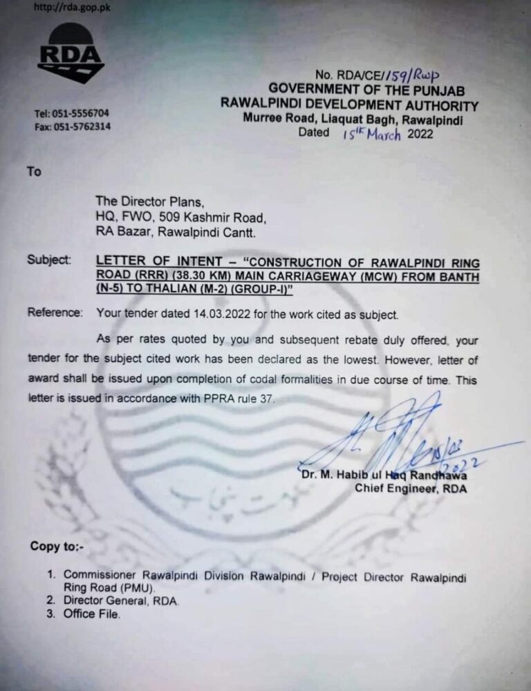 RDA Awards Rawalpindi Ring Road Project to FWO