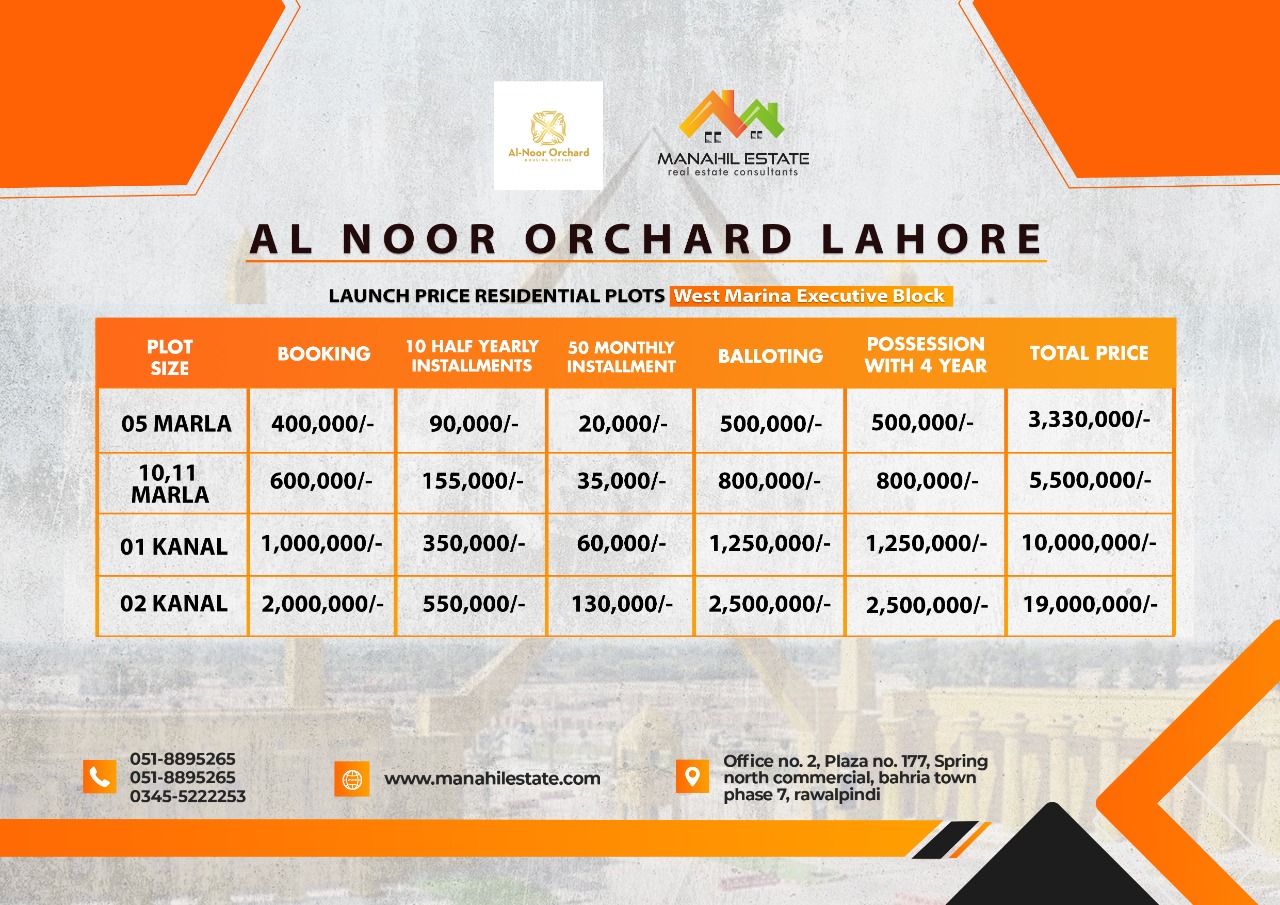 Al-Noor Orchard Lahore payment plans 