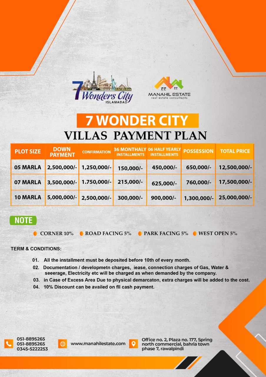 7 Wonders City Islamabad Villas Payment Plan