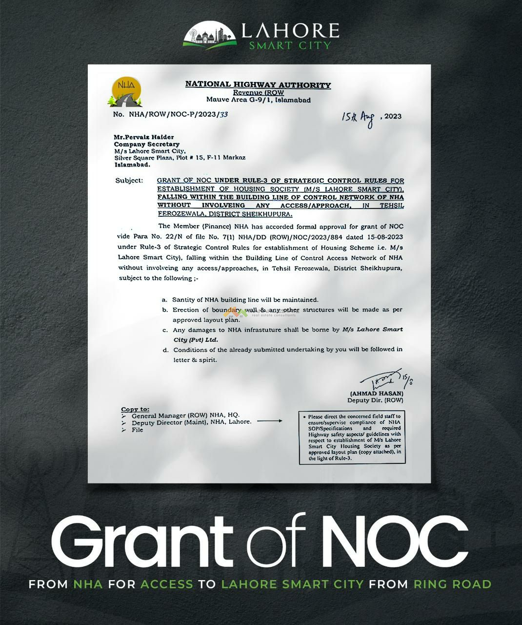 NHA Grants NOC to LSC for Ring Road Access