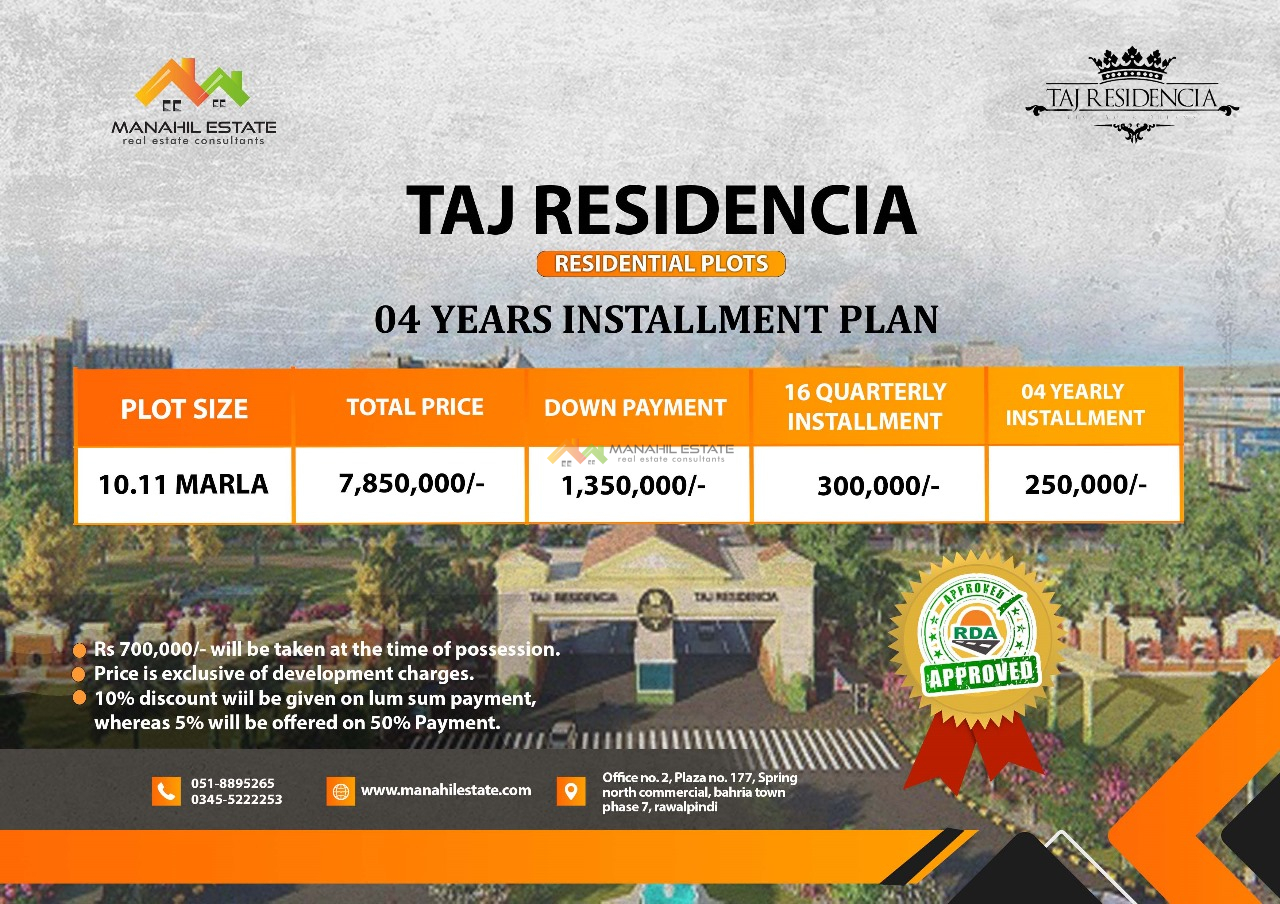 Taj Residencia 10 Marla plots Payment Plan