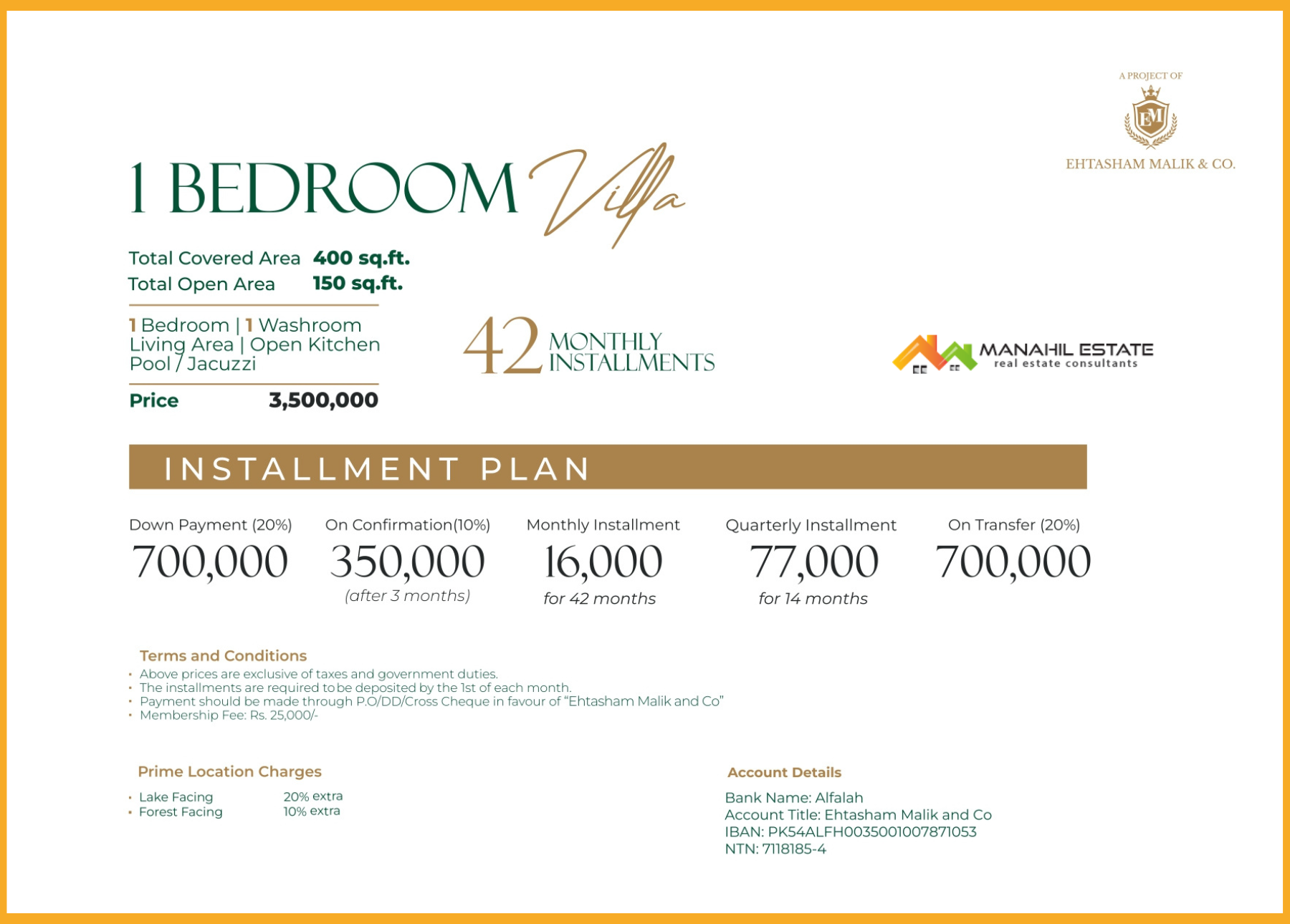 mayfair villas khanpur 1 bed Payment Plan