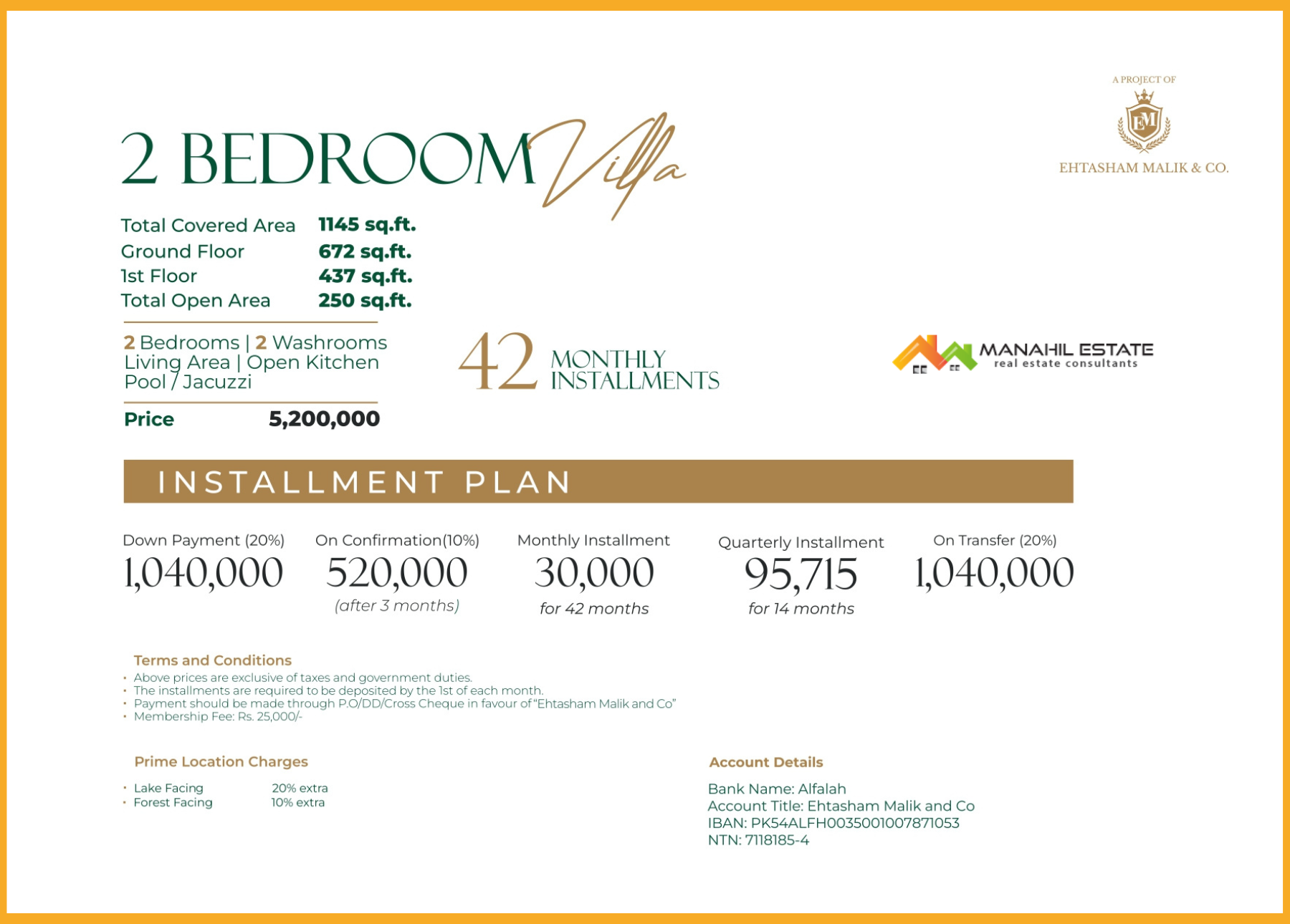 mayfair villas khanpur 2 bed Payment Plan