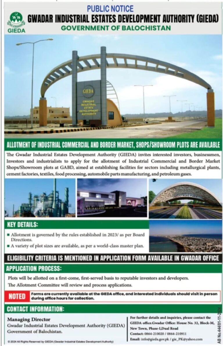 GIEDA Offers Industrial and Commercial Plot Allotments in Gwadar
