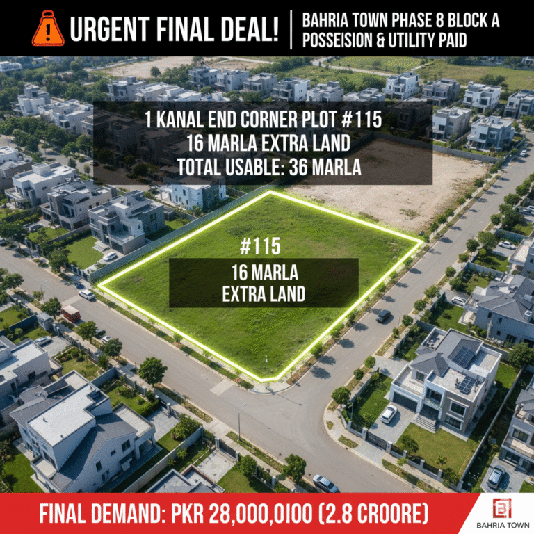 FINAL DEAL! Massive 1 Kanal End Corner Plot (36 Marla Usable) with 16 Marla Extra Land in Prime Bahria Town Phase 8, Block A
