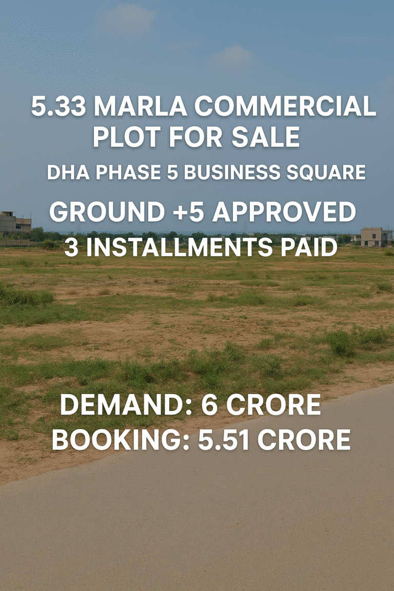 5.33 Marla Commercial Plot for Sale in DHA Phase 5 Business Square – Ground+5 Approved, 3 Installments Paid