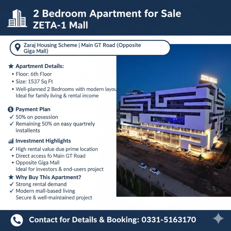 🏢 Luxury 2 Bedroom Apartment for Sale – ZETA-1 Mall📍 Zaraj Housing Scheme | Main GT Road
