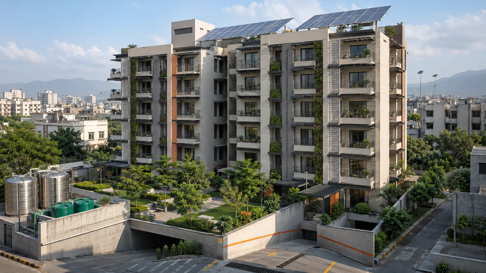 Climate-safe apartment building in Pakistan with solar panels, water storage and basement drainage