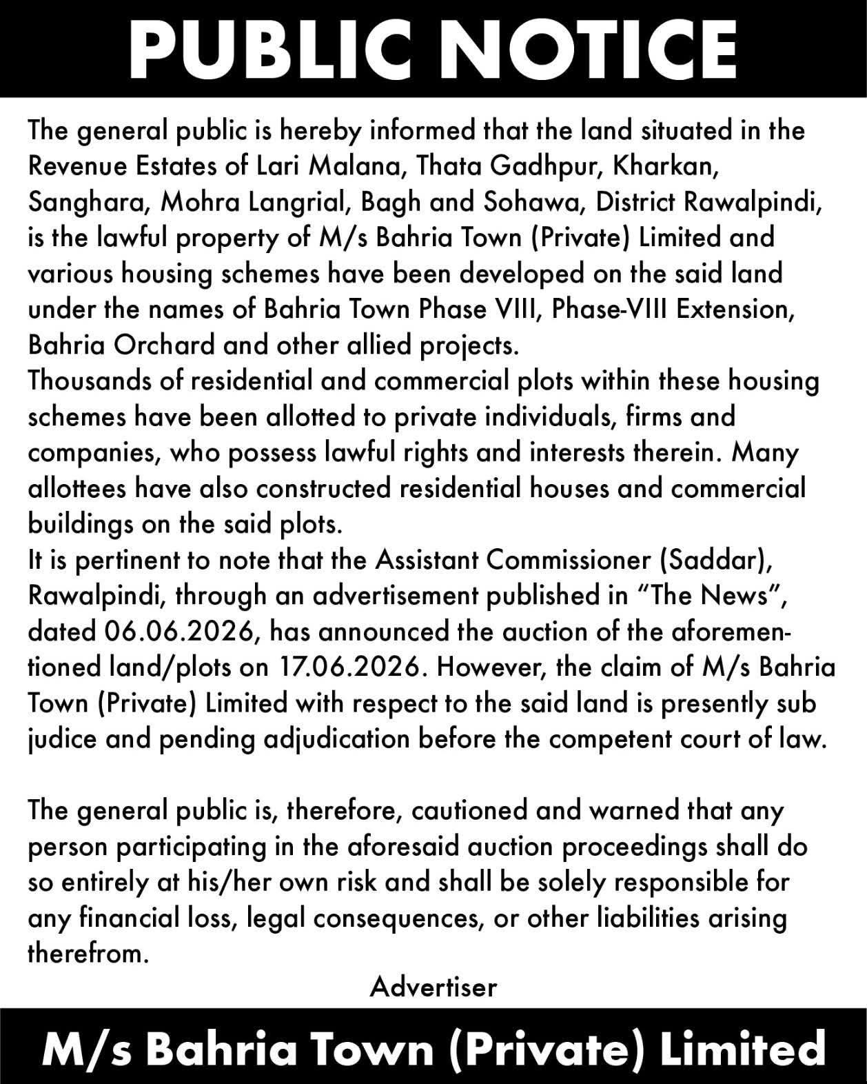 Bahria Town Public Notice Regarding Land Auction English
